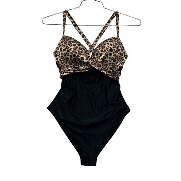 Women's Size Medium Black & Leopard Print One Piece Swimsuit - Picture 1 of 8